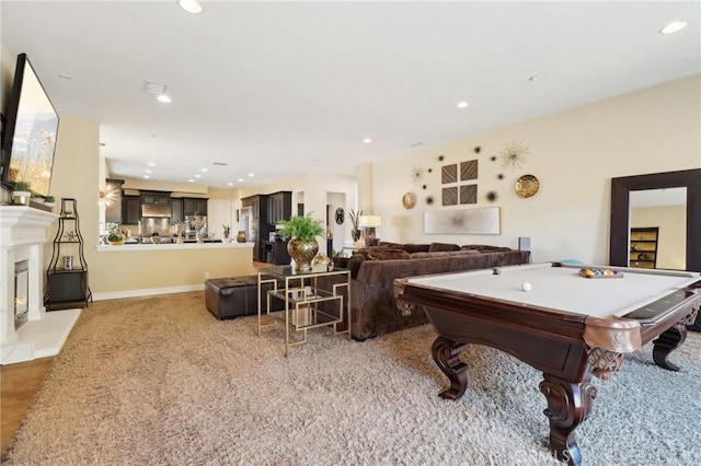 recreation room featuring light carpet and pool table