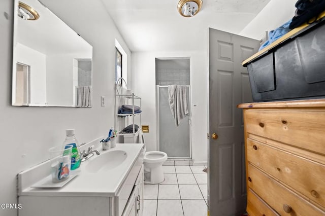 bathroom with vanity, toilet, tile patterned floors, and an enclosed shower