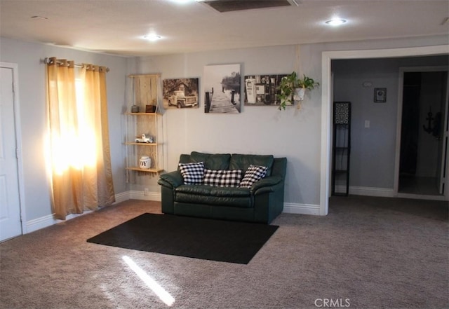 living area featuring carpet flooring