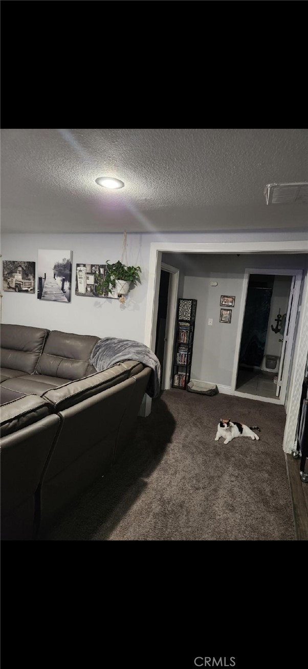 carpeted bedroom with a textured ceiling