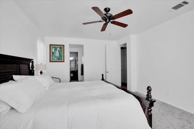 carpeted bedroom featuring ceiling fan