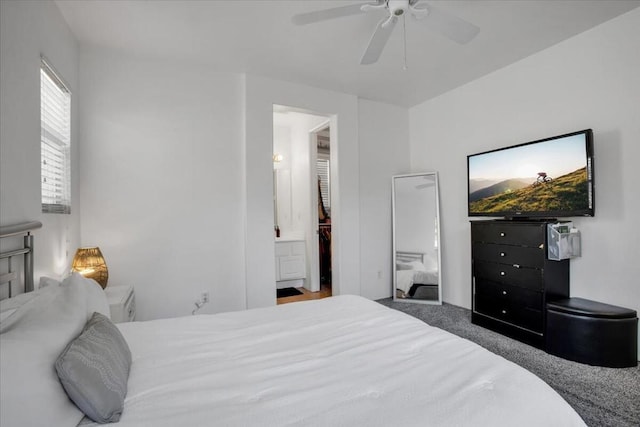 bedroom featuring ceiling fan, carpet, and connected bathroom