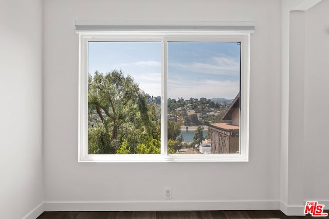 spare room featuring plenty of natural light, dark hardwood / wood-style floors, and a water view