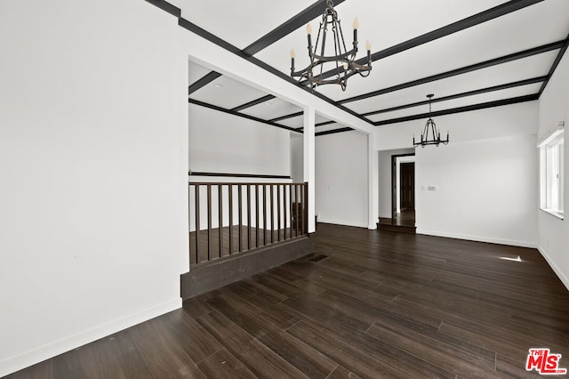 interior space with dark hardwood / wood-style floors, beam ceiling, and a chandelier