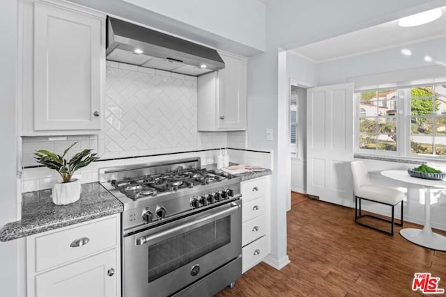 kitchen with white cabinets, decorative backsplash, wall chimney range hood, and high end stainless steel range oven