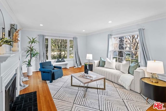 living room with crown molding and light hardwood / wood-style floors