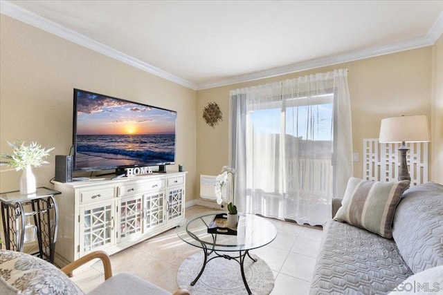 tiled living room with ornamental molding