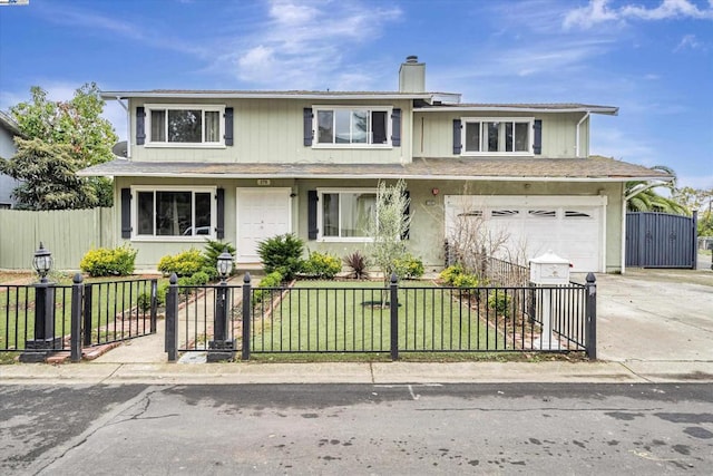 front of property with a front lawn and a garage