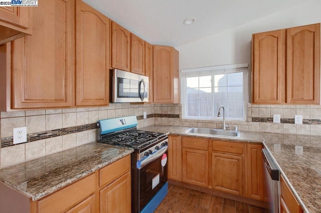 kitchen featuring decorative backsplash, sink, stainless steel appliances, and light hardwood / wood-style flooring