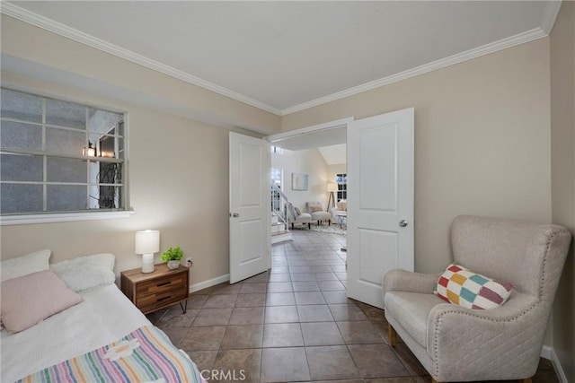 tiled bedroom with crown molding