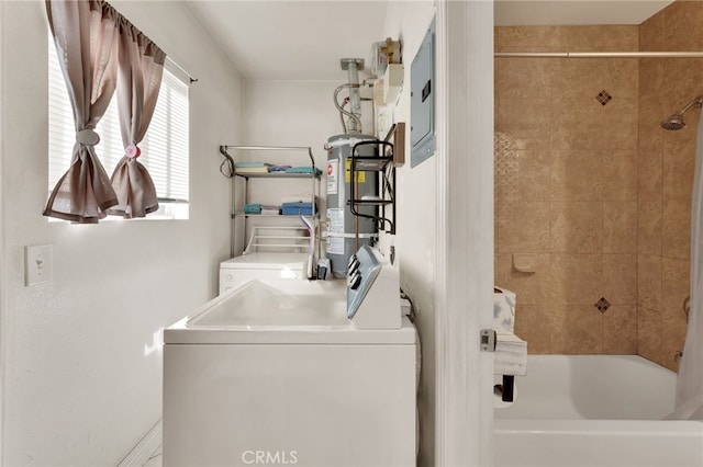 laundry room featuring separate washer and dryer, electric panel, and gas water heater