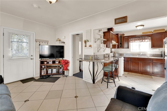 tiled living room with sink