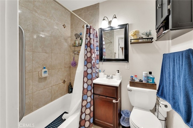 full bathroom with toilet, vanity, and shower / bathtub combination with curtain