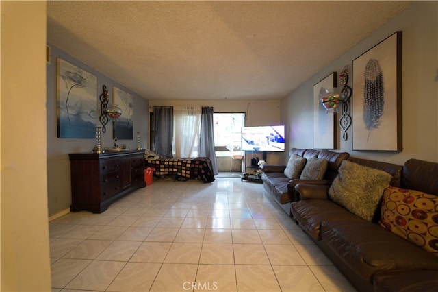 tiled living room with a textured ceiling