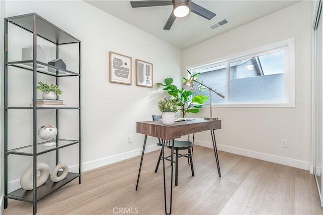 office area featuring ceiling fan and light hardwood / wood-style flooring