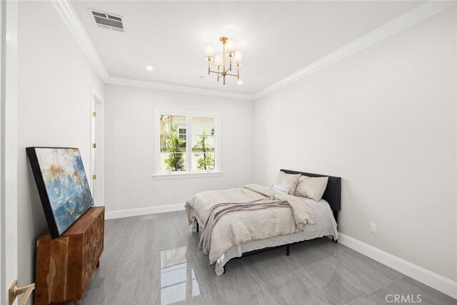 bedroom featuring a notable chandelier and ornamental molding