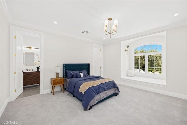 bedroom featuring light colored carpet, connected bathroom, an inviting chandelier, and ornamental molding