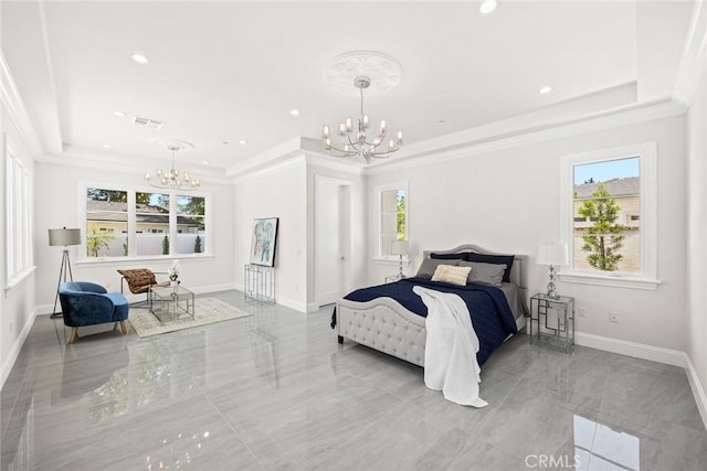 bedroom with a chandelier, crown molding, and a tray ceiling