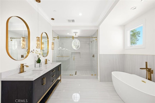 bathroom featuring vanity, independent shower and bath, and crown molding