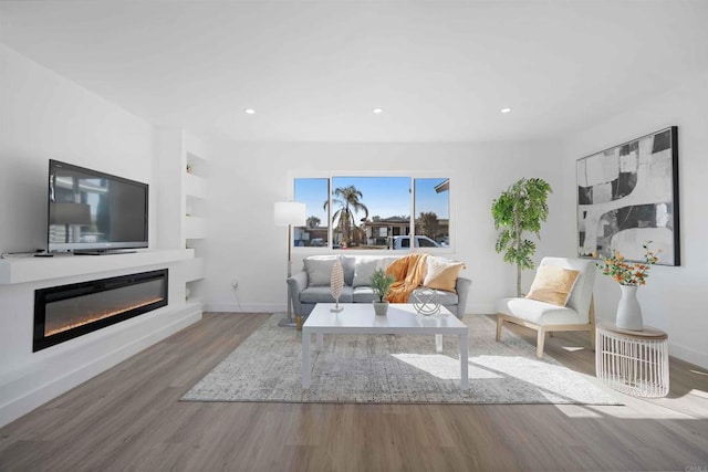 living room with built in shelves and hardwood / wood-style floors