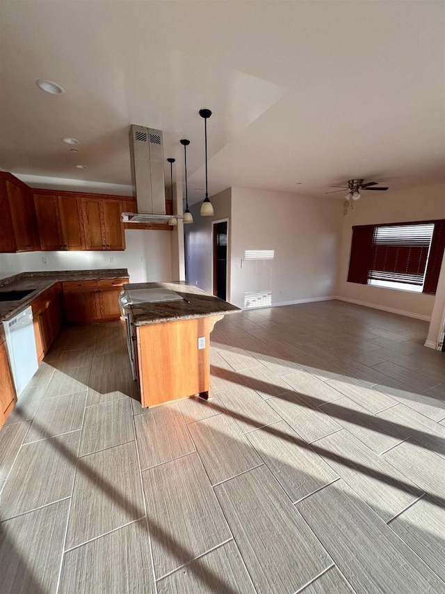 kitchen with ceiling fan, sink, hanging light fixtures, ventilation hood, and white dishwasher