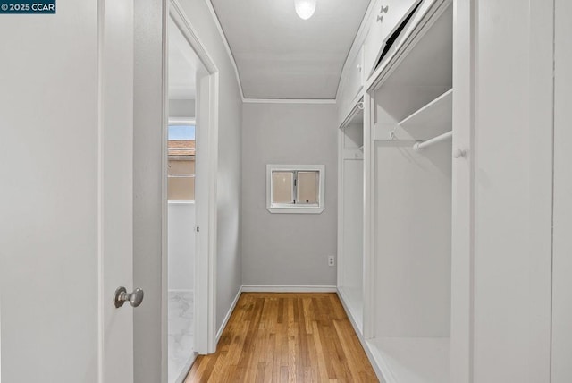 walk in closet with light hardwood / wood-style flooring