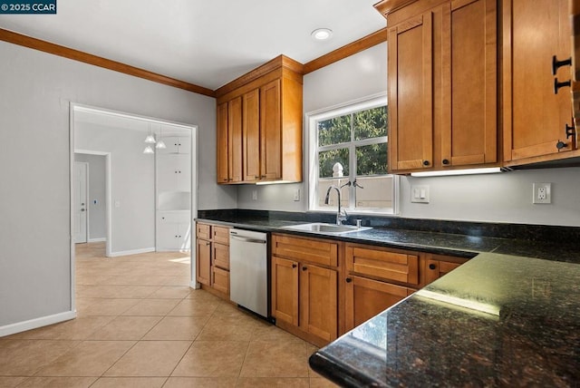 kitchen with light tile patterned floors, dishwasher, dark stone counters, crown molding, and sink