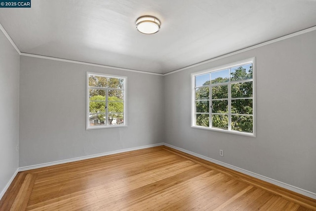 spare room featuring crown molding and light wood-type flooring