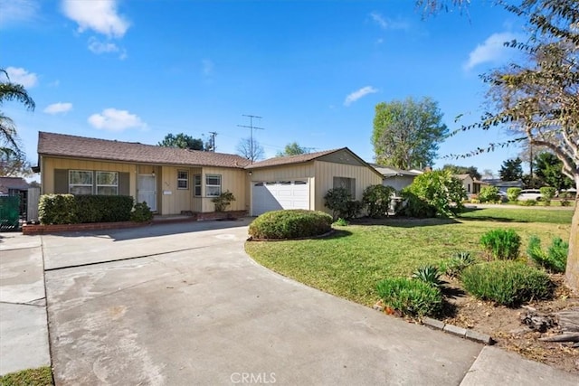 ranch-style home with a garage and a front lawn