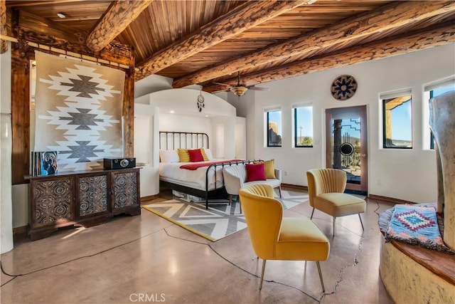 bedroom featuring wooden ceiling, beam ceiling, and concrete flooring