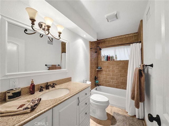 full bathroom with toilet, vanity, and shower / tub combo