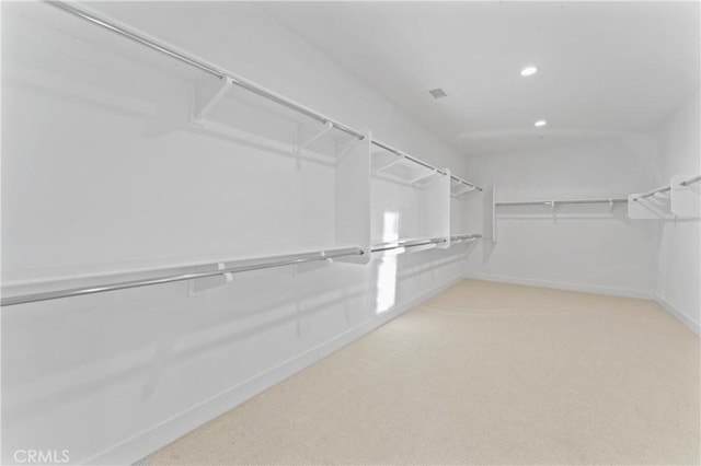 walk in closet with light colored carpet