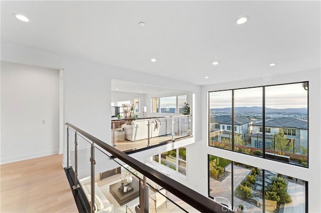 hall featuring a mountain view, a wealth of natural light, and light wood-type flooring