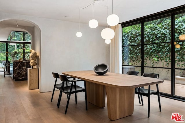 dining space featuring a wall of windows and light wood-type flooring