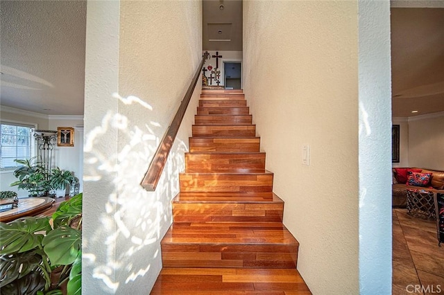 stairs with ornamental molding and hardwood / wood-style flooring