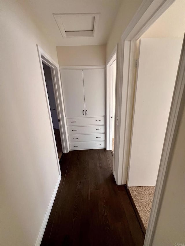 hallway with dark hardwood / wood-style flooring