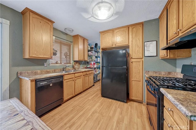 kitchen with black appliances, sink, and light hardwood / wood-style floors