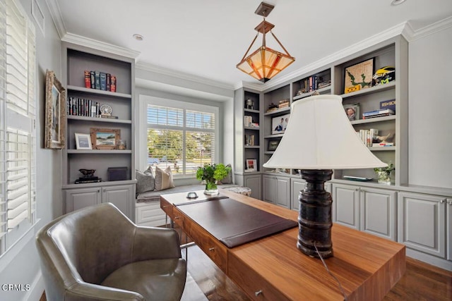 home office featuring dark wood-type flooring and crown molding