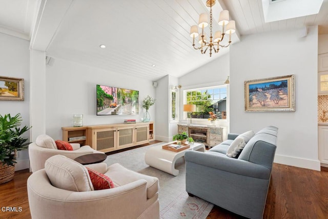 living room with hardwood / wood-style flooring, vaulted ceiling with skylight, wood ceiling, and an inviting chandelier