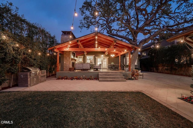 back house at night with a patio and area for grilling