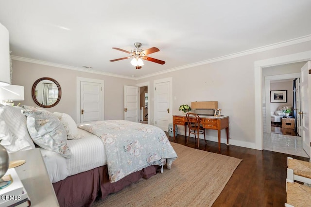 bedroom with ceiling fan, dark hardwood / wood-style flooring, and ornamental molding