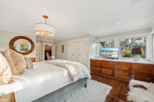 bedroom featuring crown molding, dark wood-type flooring, a closet, and multiple windows