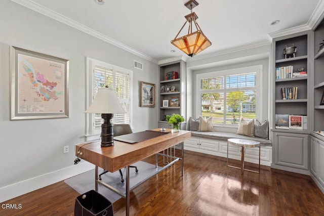 office area with built in features, ornamental molding, and dark hardwood / wood-style floors