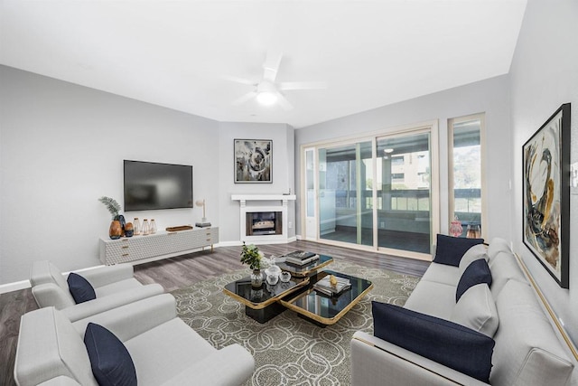 living room featuring ceiling fan and wood-type flooring