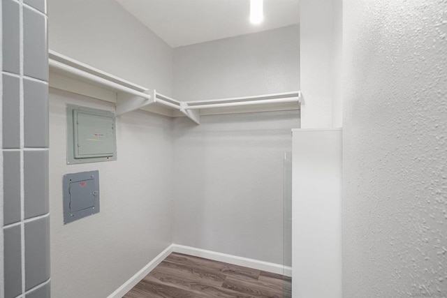 walk in closet featuring hardwood / wood-style flooring and electric panel