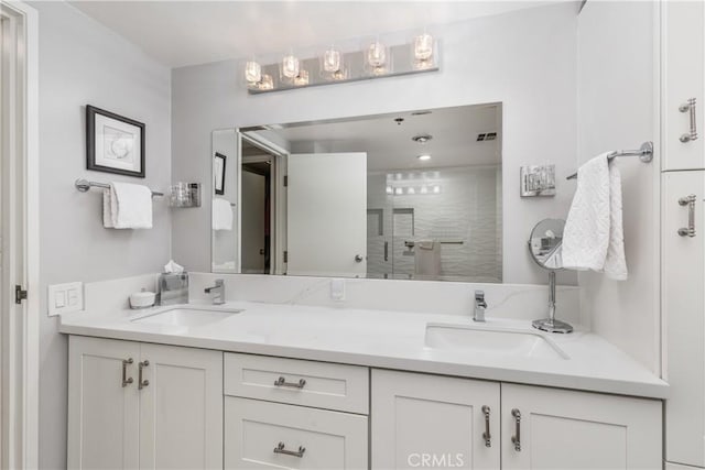 bathroom with vanity and a shower