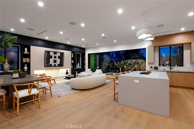 living room featuring sink and light wood-type flooring