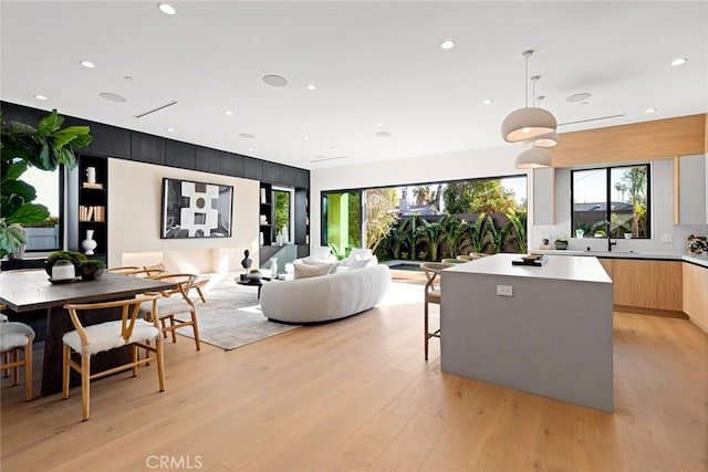 living room featuring light hardwood / wood-style floors, plenty of natural light, and sink