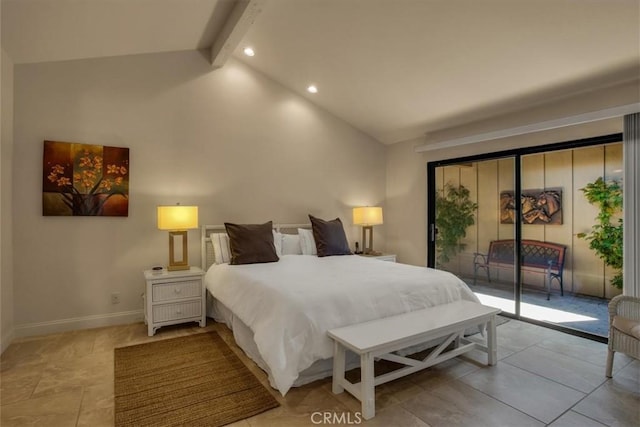 bedroom with access to exterior and vaulted ceiling with beams