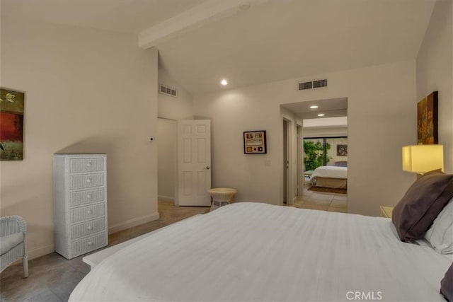 bedroom featuring vaulted ceiling with beams